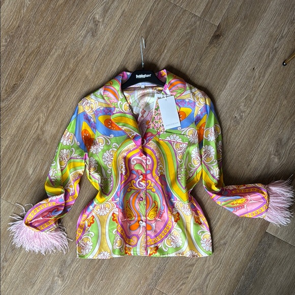 Borgo De Nor Multicolor Patterned Blouse with Feather Cuffs